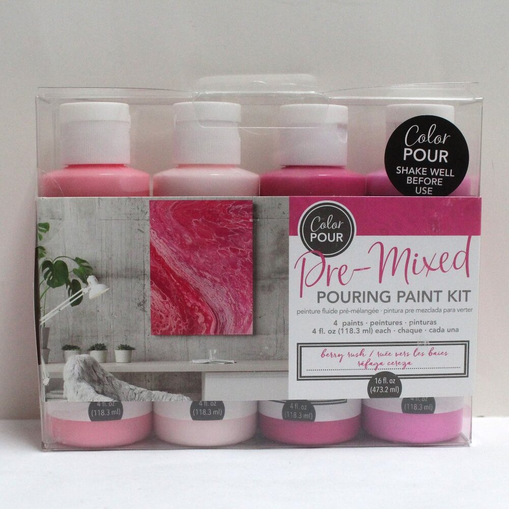 American Crafts Color Pour 4 Pack Berry Rush (Pinks) Pre-Mixed Pouring Paint Kit